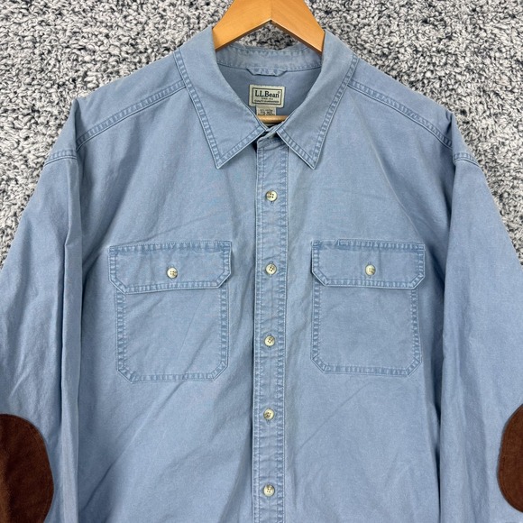 LL Bean Shirt Mens 2XL Blue Elbow Patch Button Front Workwear Outdoor Casual XXL - Picture 3 of 13